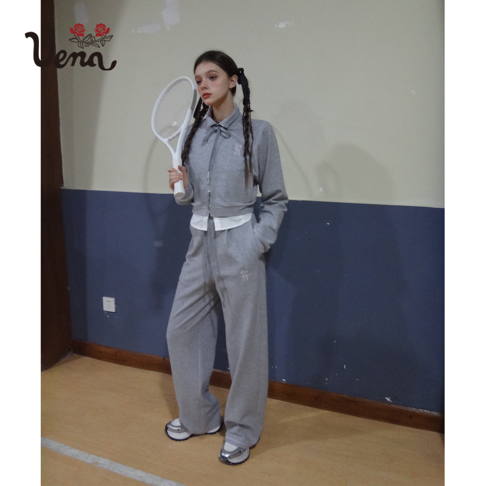 【安妮梦境】Uena美式复古灰色短款立领拉链卫衣休闲抽绳卫裤套装