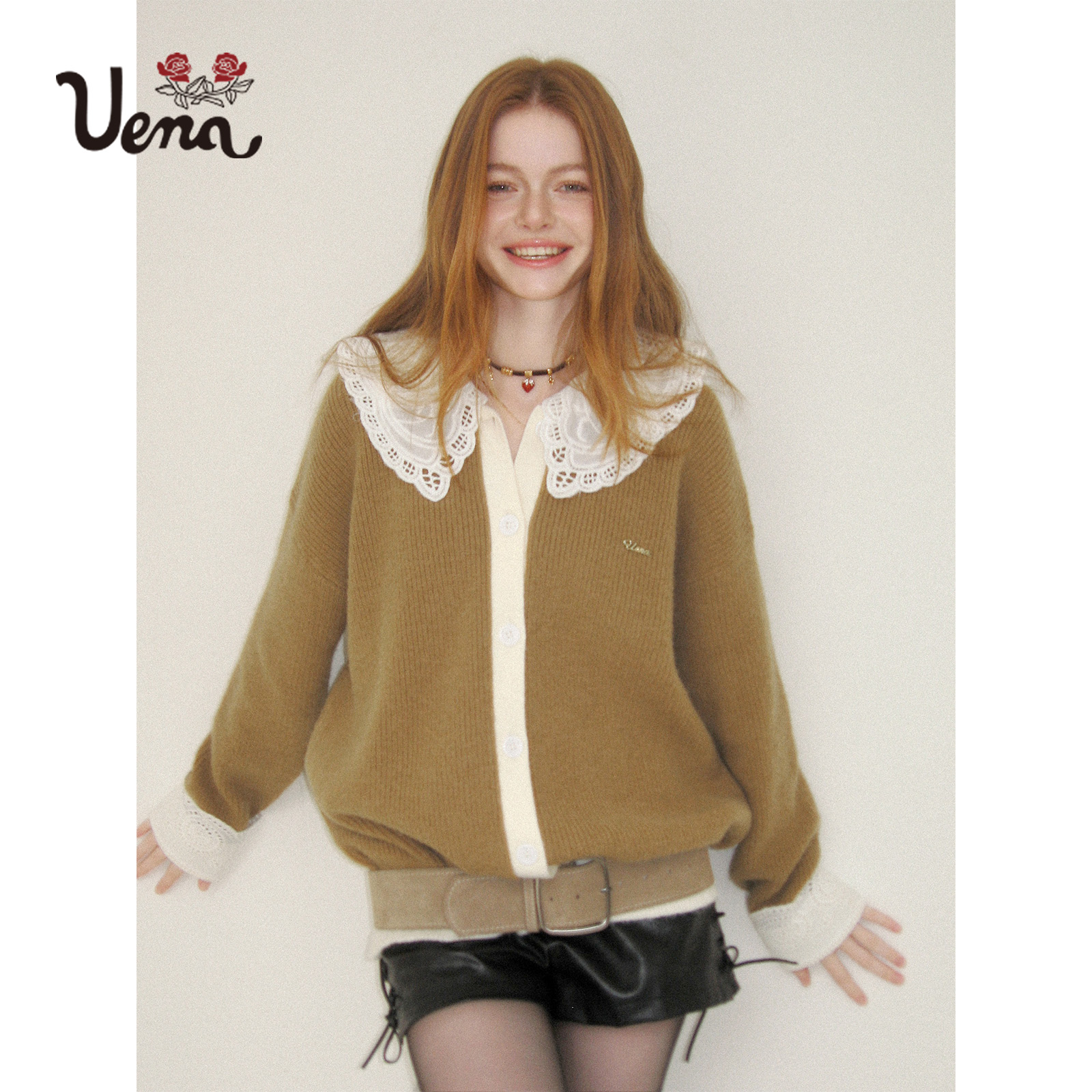 【沉香旷野】Uena美式复古蕾丝花边娃娃领卡其色宽松毛针织开衫女