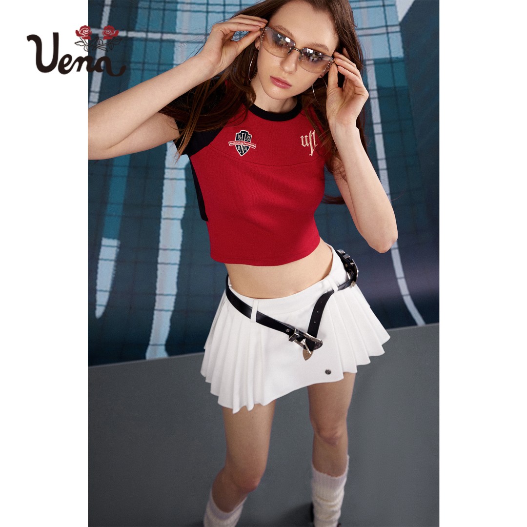 【巴拉德罗】Uena美式复古撞色插肩袖短款上衣后背镂空短袖T恤女