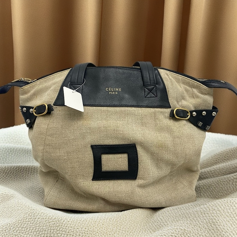 95新 Celine/思琳 赛琳 麻布拼皮波士顿包 手提包10946067