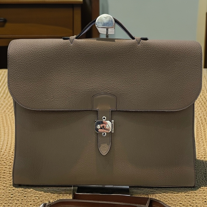 95新 Hermes/爱马仕 大象灰银扣手提公文包 10025005女包