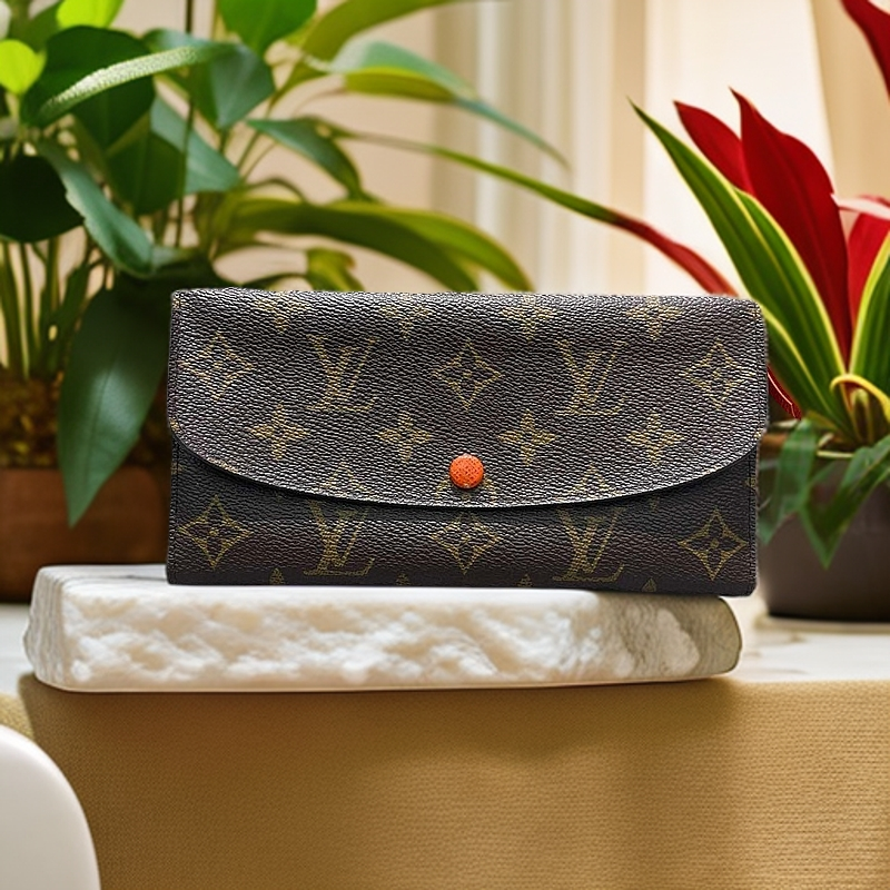 95新 LouisVuitton/路易威登 Lv棕色老花长款橙豆豆钱包