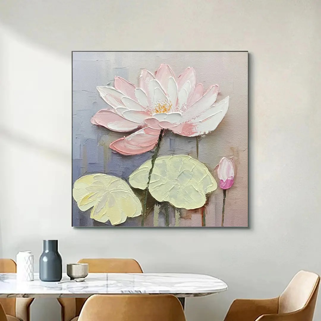 荷花轻奢简美高级感装饰画手工砂岩添笔餐厅画