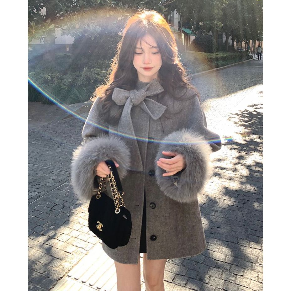 温柔气质中长款毛呢外套女秋冬季新款韩系温柔风毛毛袖呢子大衣