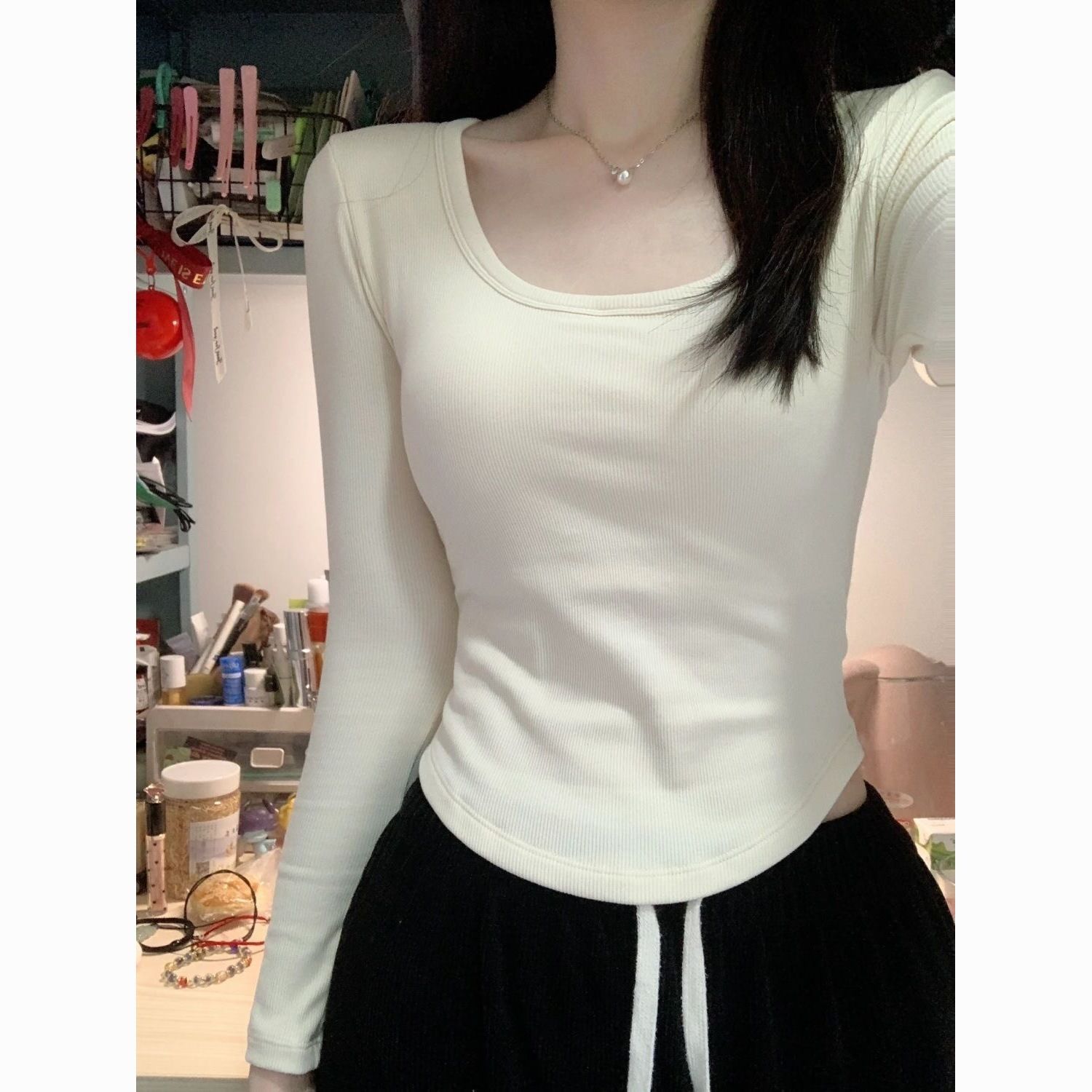 秋冬季内搭小众打底衫辣妹修身显瘦上衣 设计感德绒方领长袖t恤女