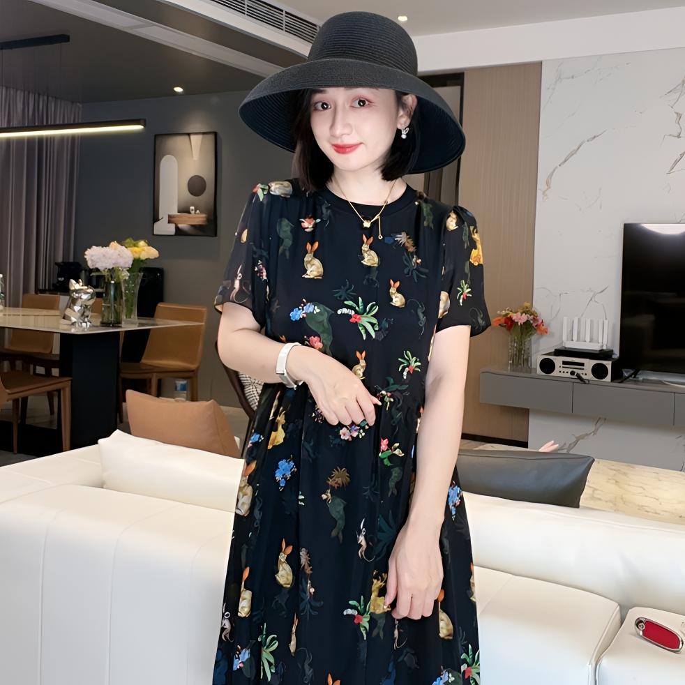 《潇潇心选》梦境月兔桑蚕丝连衣裙宽松连衣裙90210正宗桑蚕丝裙