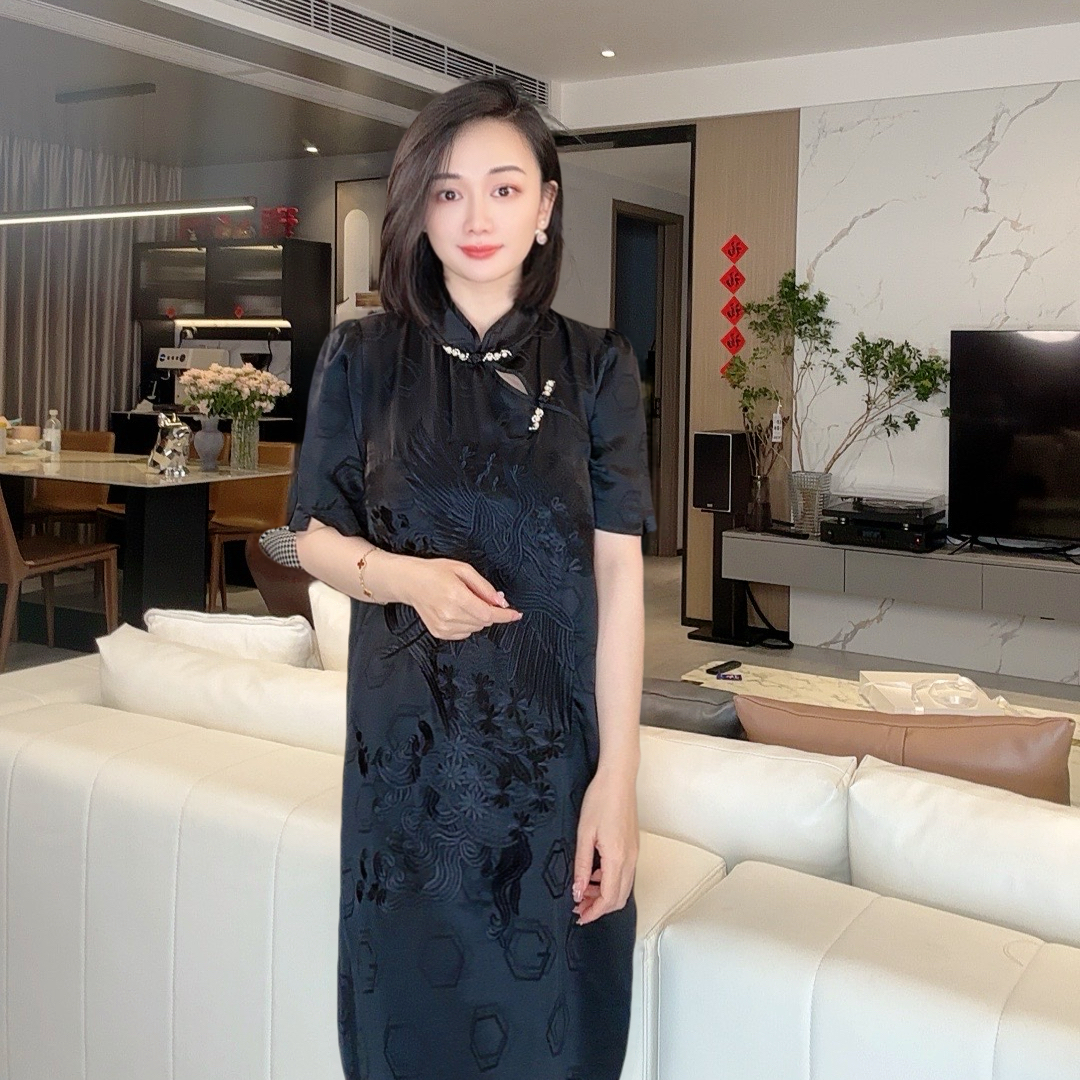 《潇潇心选》国风中式风时尚桑蚕丝连衣裙显瘦气女装连衣裙75213