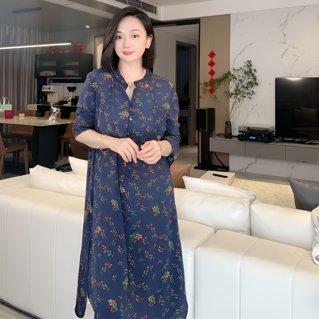 《潇潇心选》蓝色衬衫优雅桑蚕丝连衣裙 90333气质女装连衣裙