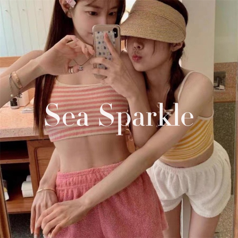 [sea sparkle]韩系ins毛巾条纹吊带分体泳衣三件套显瘦度假温泉