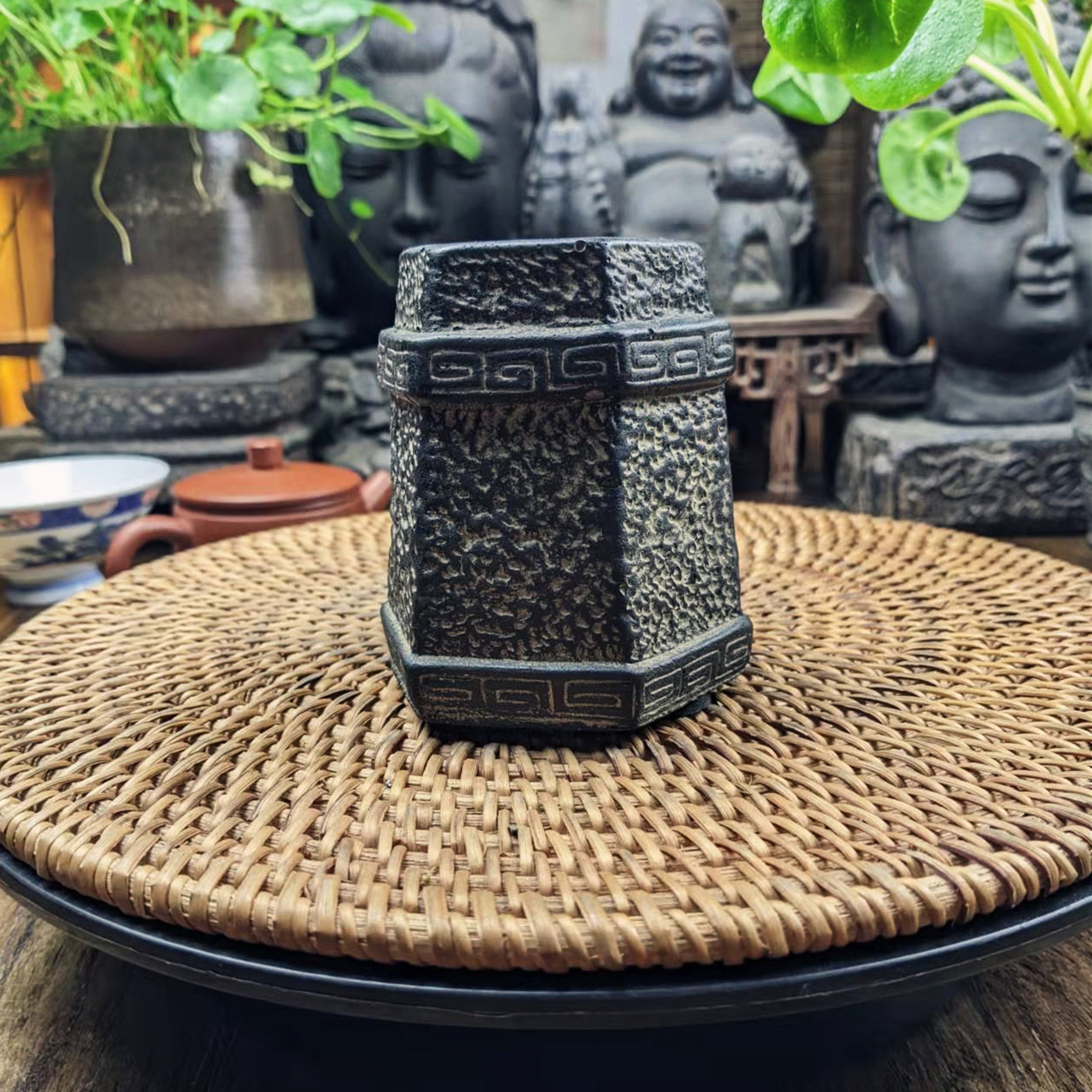 雲植.仿古仿石回纹井口盆创意高端水培铜钱草花盆花器