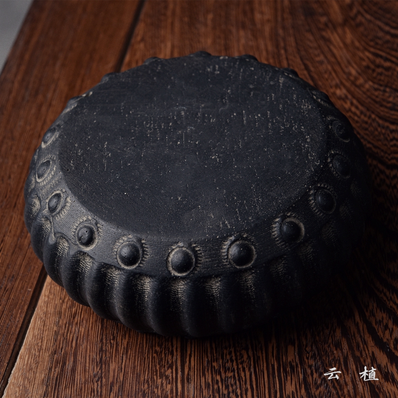 雲植.仿古仿石瓜棱小圆鼓花盆底座摆件底座装饰