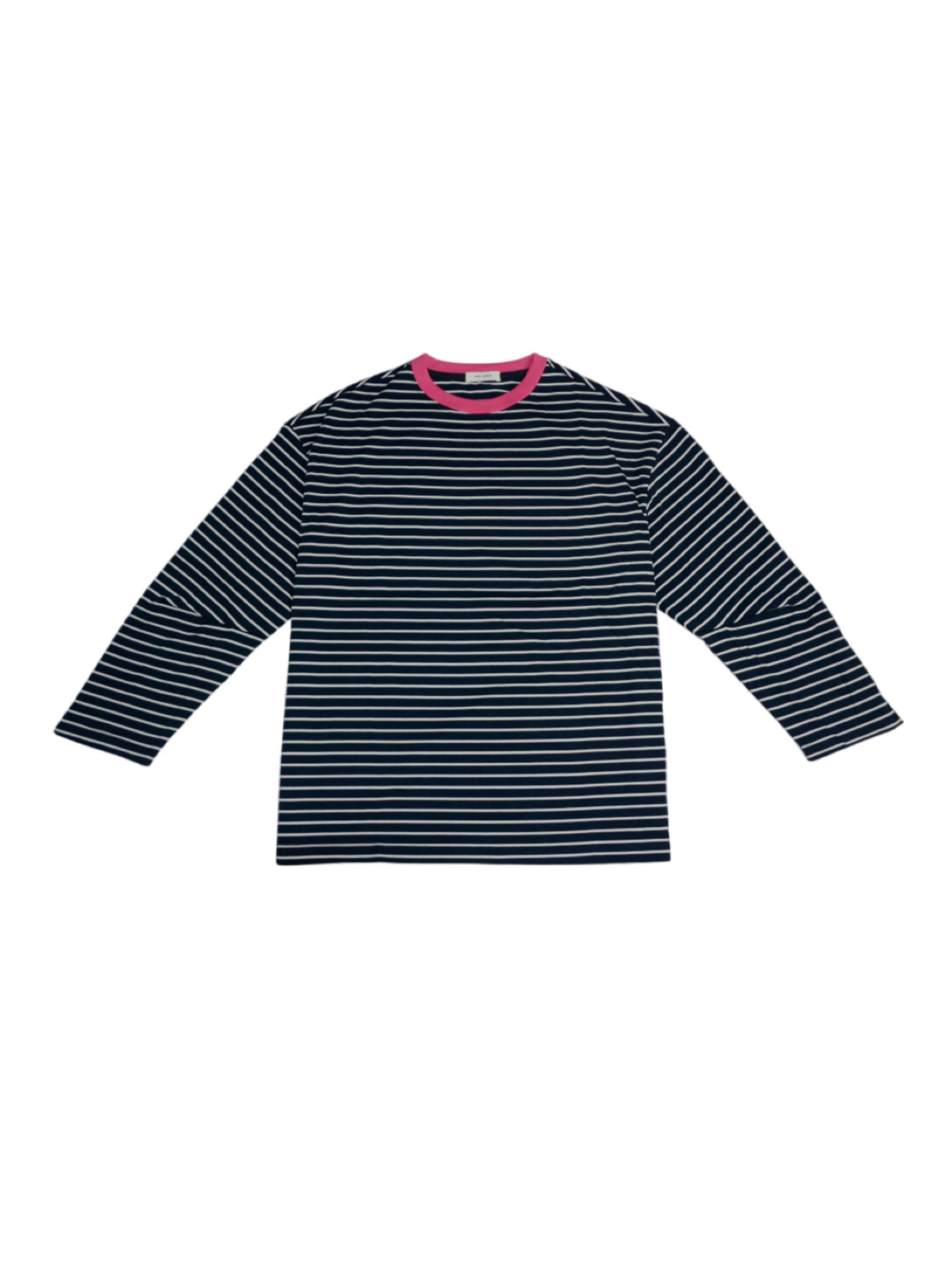 韩系别致撞色条纹圆领慵懒感T恤女早秋时尚休闲百搭宽松上衣