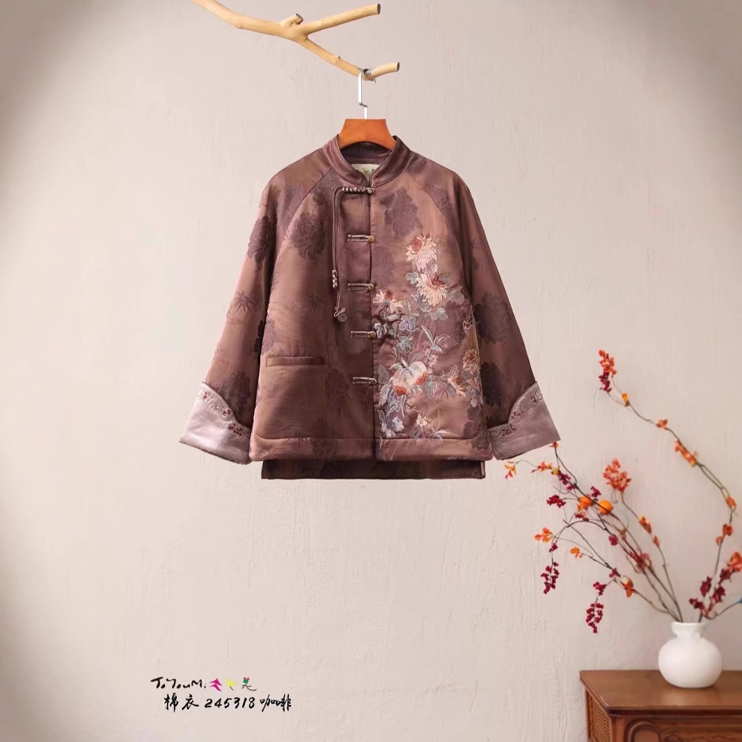楚馨冬款新中式立领盘扣提花上衣夹棉外套短外套刺绣开衫薄棉衣