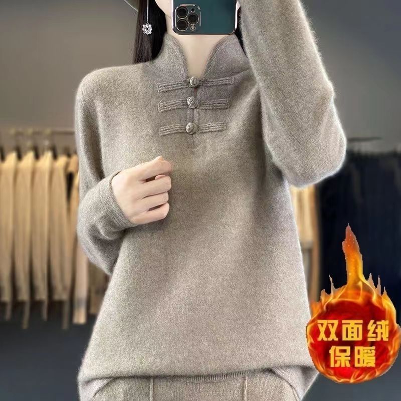 中国风旗袍复古盘扣德绒加厚女2023秋冬新款半高领宽松女