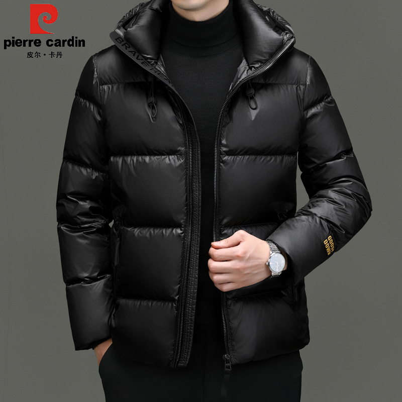 皮尔卡丹白鸭绒男士羽绒服连帽短款加厚防寒服高档潮流黑金外套