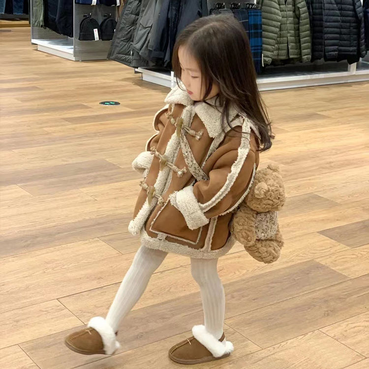 女童冬季新款外套女宝宝纯色皮毛一体大衣中小童加厚羊羔毛机车服