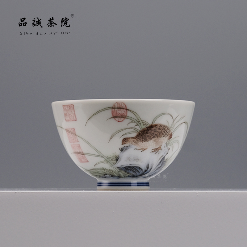千零肆精工仿宋粉彩青花宋风宋徽宗瘦金体鹌鹑主人杯茶杯釉上彩