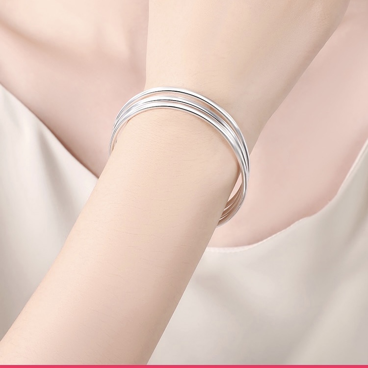 足银手镯 999.9足银三生三世简约三圈固口手镯三光圈亮面银手镯