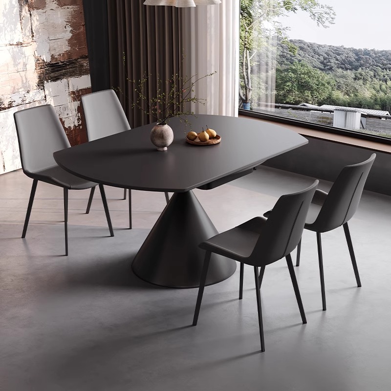 岩板圆形餐桌椅现代简约家用带转盘意式极简设计师黑色折叠圆桌