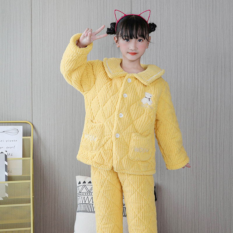 冬款儿童睡衣法兰绒夹棉女童家居服套装宝宝可爱加厚加绒款珊瑚绒