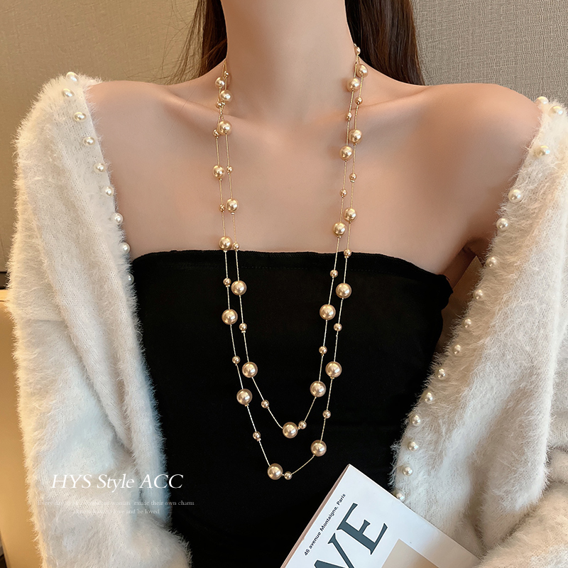 合金仿珍珠项链 香槟色珠珠项链女潮长款毛衣链气质设计感颈链522