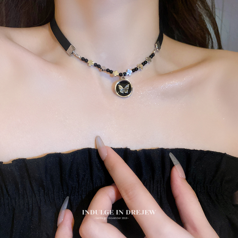 合金布艺项链 蝴蝶圆形吊坠项链女高级设计感十字架气质锁骨链475