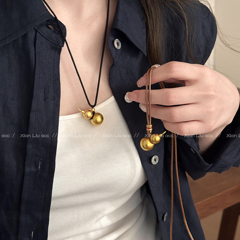 非金属布艺项链 王嘉尔同款黑绳金色葫芦项链小众高级感毛衣链438