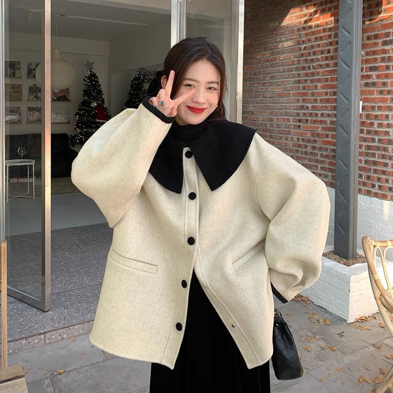 娃娃领撞色短款毛呢大衣女春季2023年新款减龄百搭时尚小个子上衣