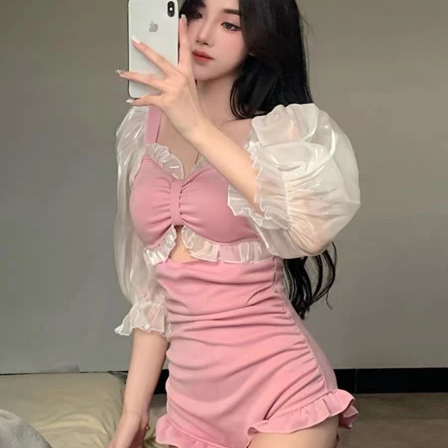 显瘦气质性感夏季复古ins甜美女装蕾丝小个子时尚小胸日系褶皱