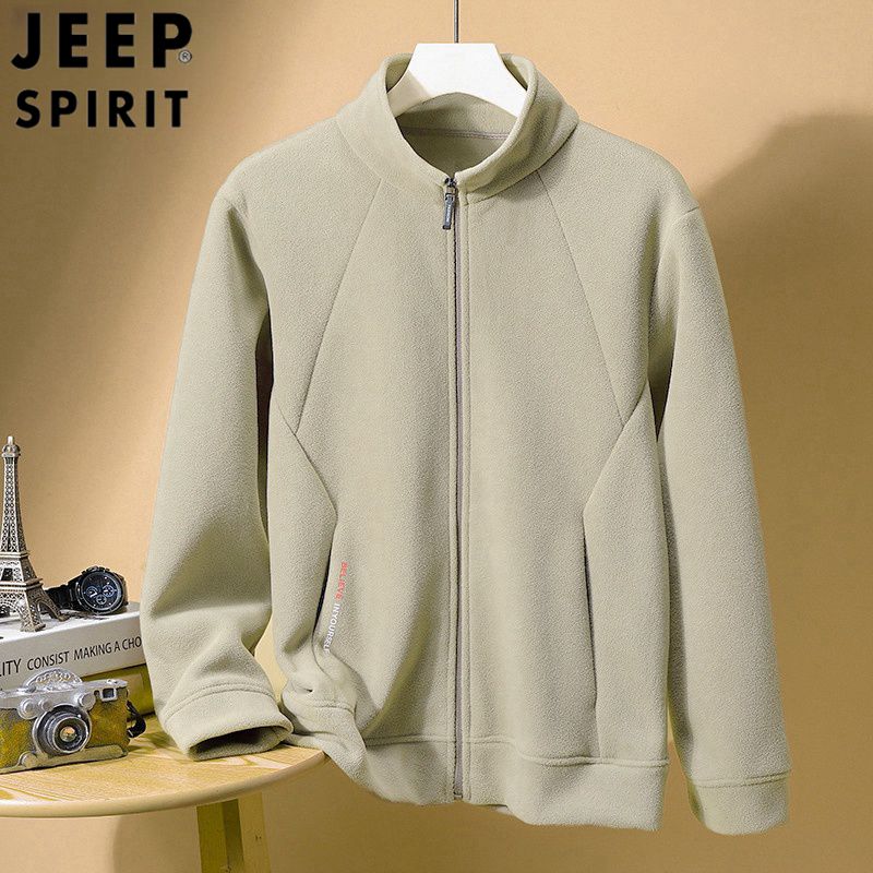 JEEP 摇粒绒卫衣男士秋冬季立领加绒外套男款开衫户外运动抓绒衣