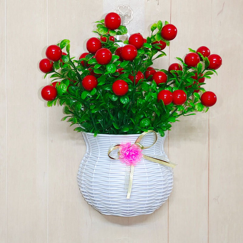 室内外挂墙花篮花艺套装壁挂装饰假花塑料绿植红色发财果墙上挂件