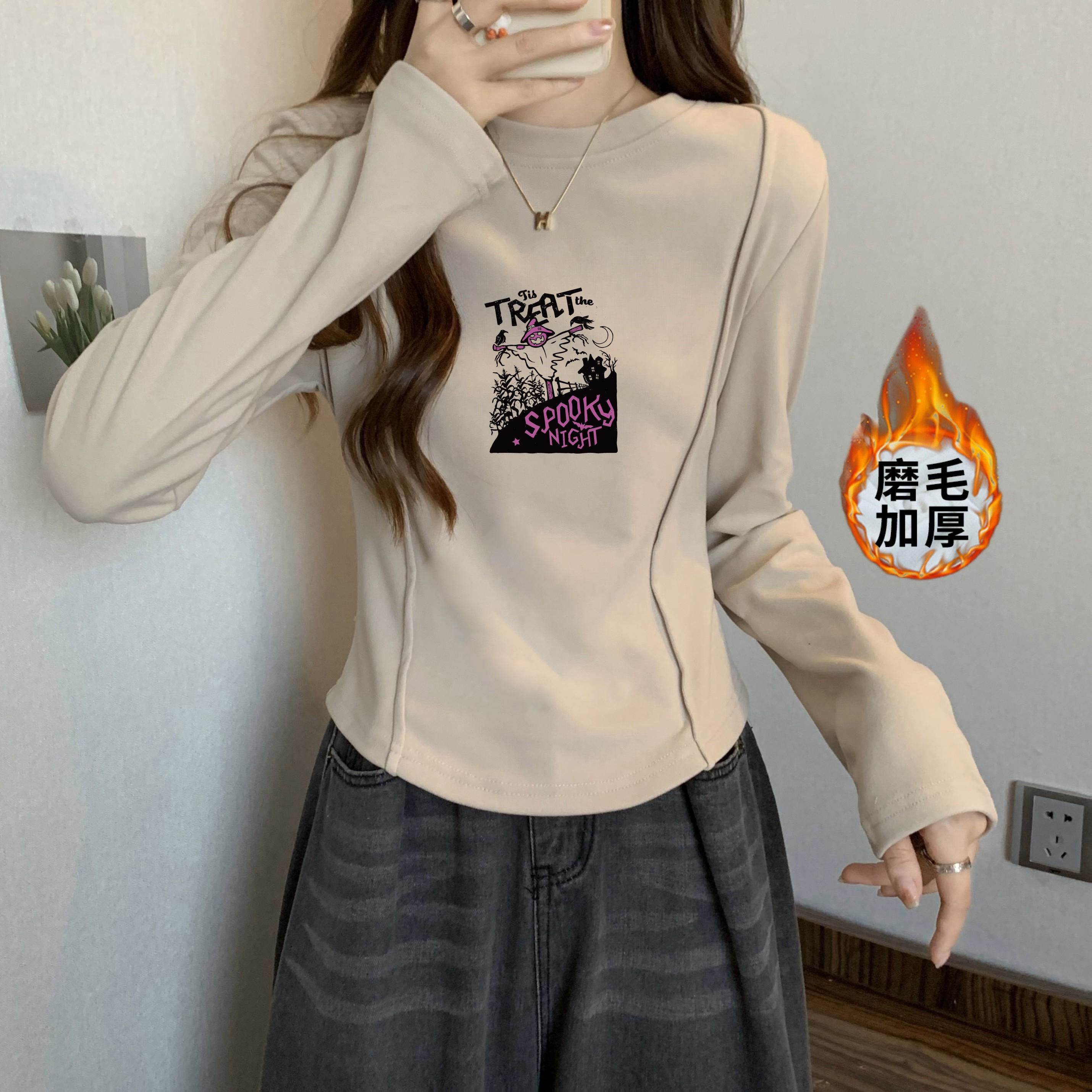 圆弧形短款印花T恤女长袖秋冬装内搭加厚磨毛德绒打底衫上衣weryu