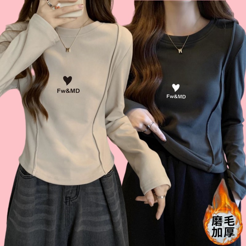 圆弧形短款T恤女长袖秋冬装内搭加厚磨毛纯色德绒打底衫上衣rrghm