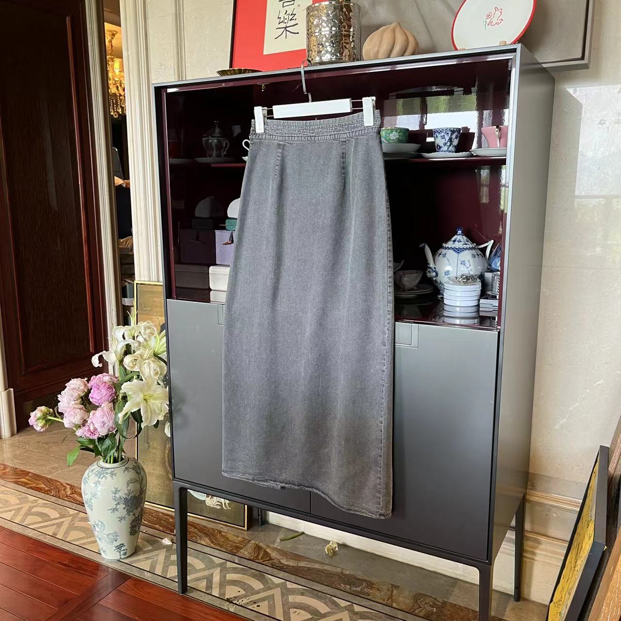 MYL 2024夏季新品莱赛尔灰色牛仔半身裙中腰直筒时尚开衩半裙