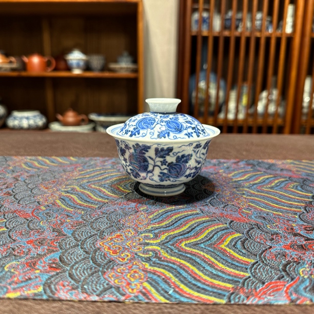 青花西瓜纹二才陶瓷盖碗泡茶碗青花瓷小盖碗茶具盖下110-120毫升