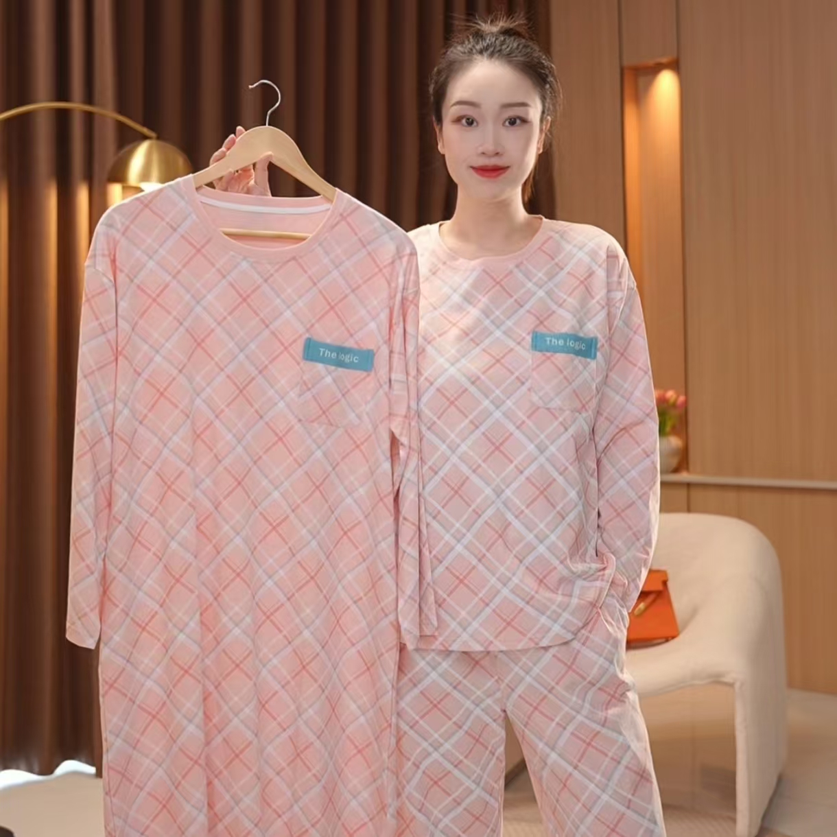冬款新品【摩登粉格～拍一发三】长袖长裤新品舒适棉质家居服外穿
