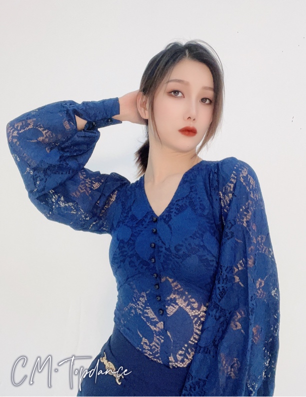 CM摩登舞服上衣《伊丽莎白》藏蓝色轻肤蕾丝长袖显瘦摩登女士练习服
