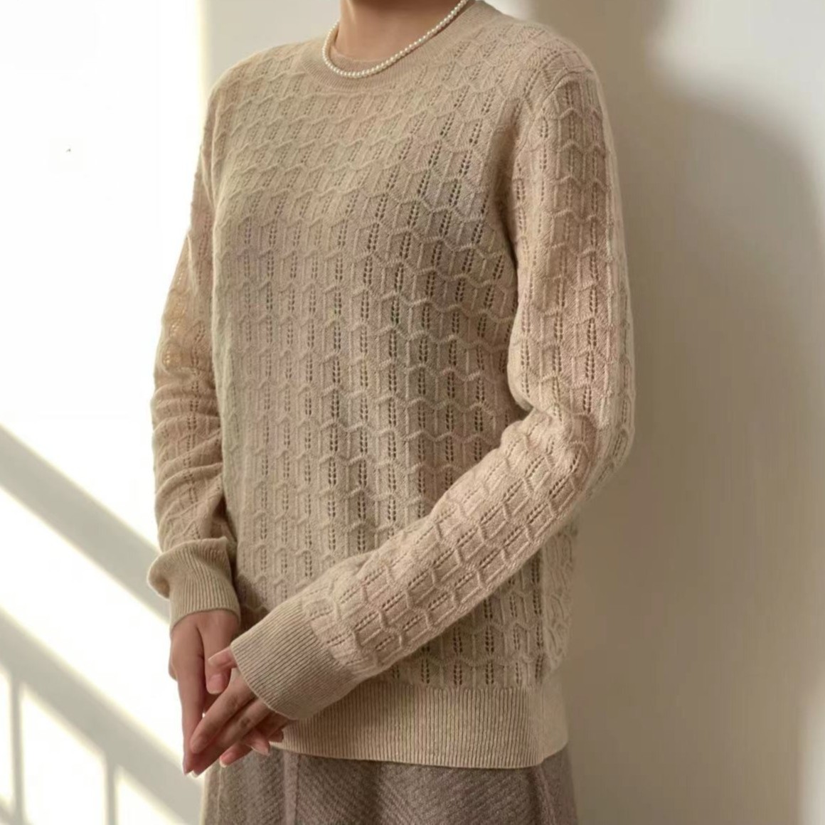 小璐返季【套头法式优雅镂空提花打底衫】100山羊绒