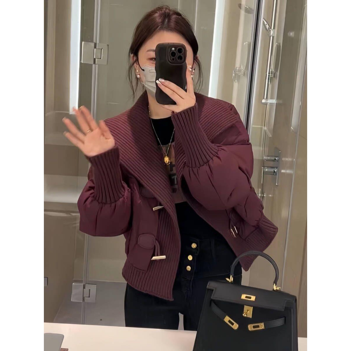 冬季2023新款时尚大翻领针织拼接加厚加棉服气质保暖棉衣外套女