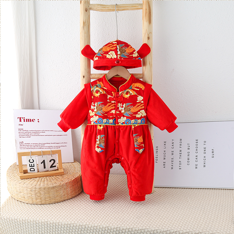 【咕噜鸭】婴儿拜年服冬装红色喜庆周岁礼服状元帽宝宝连体衣新年装