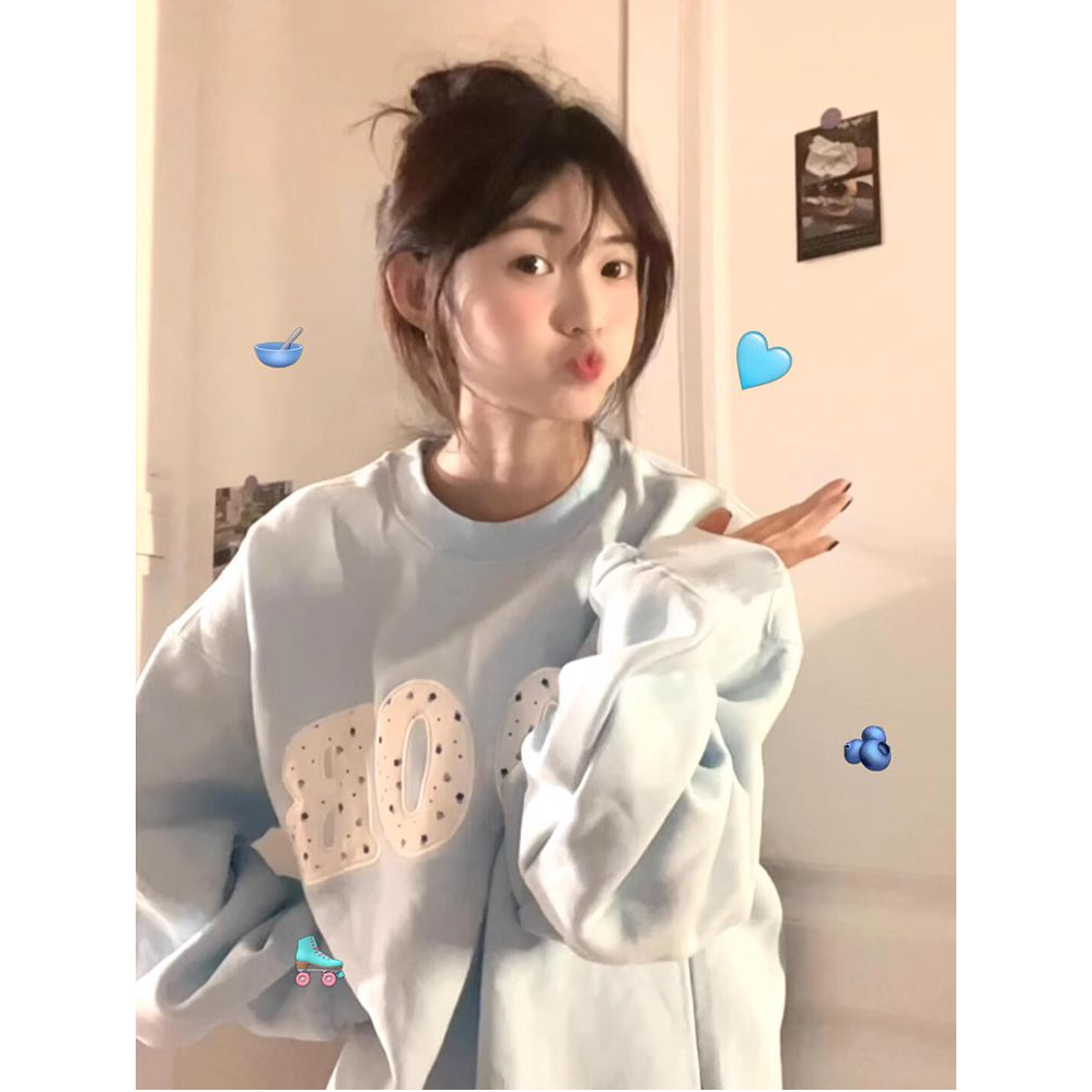 甜美韩系贴布碎花刺绣圆领卫衣女秋冬加绒加厚无帽慵懒风长袖上衣