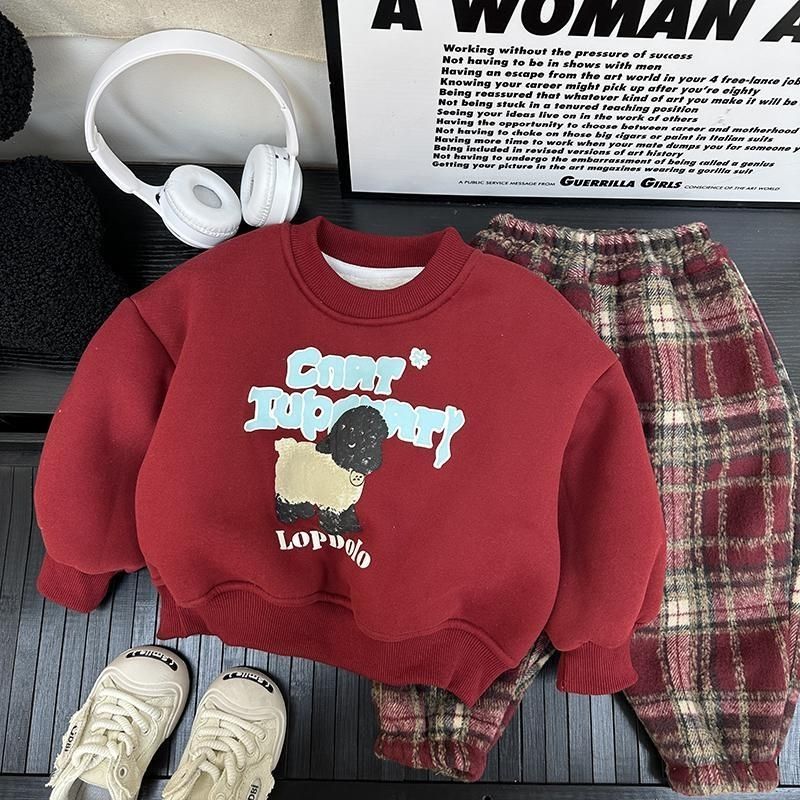 儿童红色拜年套装2024新款冬季小童洋气卫衣格子裤男童两件套新年