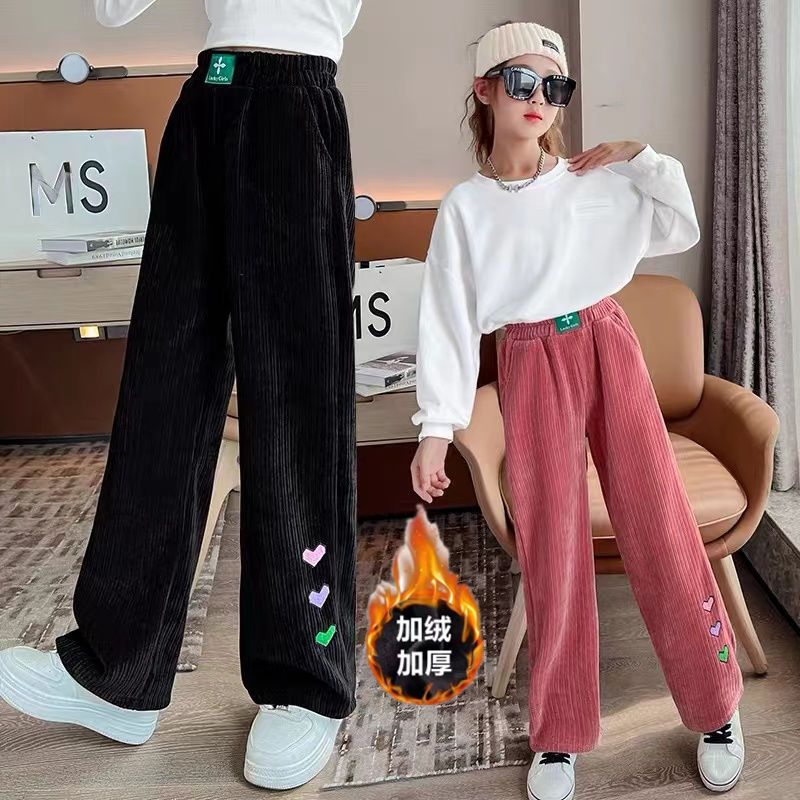 女童直筒裤2023秋冬新款加绒长裤宽松灯芯绒裤髦中大童阔腿裤