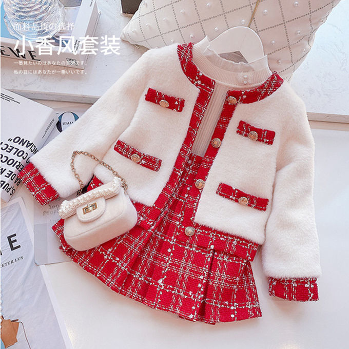 女童套装秋冬新款小香风韩版加绒女孩洋气外套格子百褶裙两件套潮