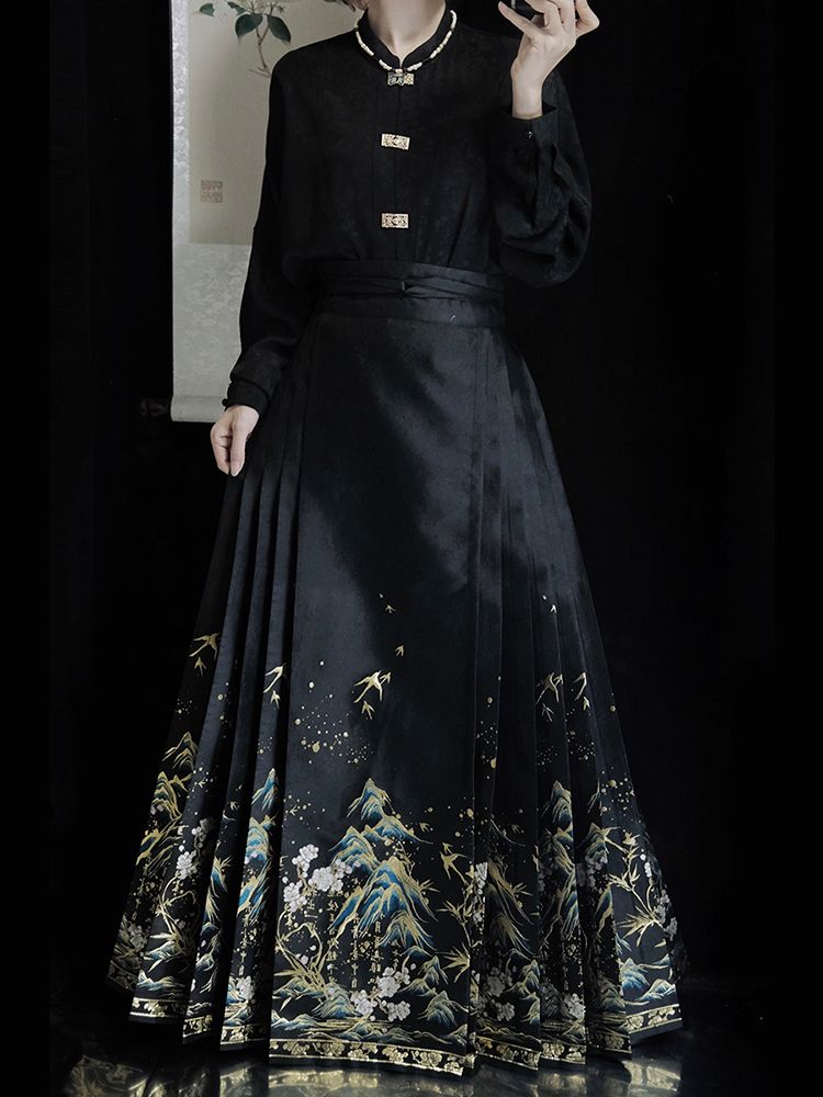 仟懿潮品千里江山明制仿妆花马面裙黑色上衣日常套装汉服女2023年