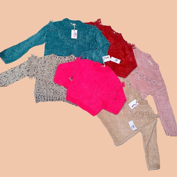 SS轻奢麦穗女童雪尼尔包芯纱微短款毛衣针织衫