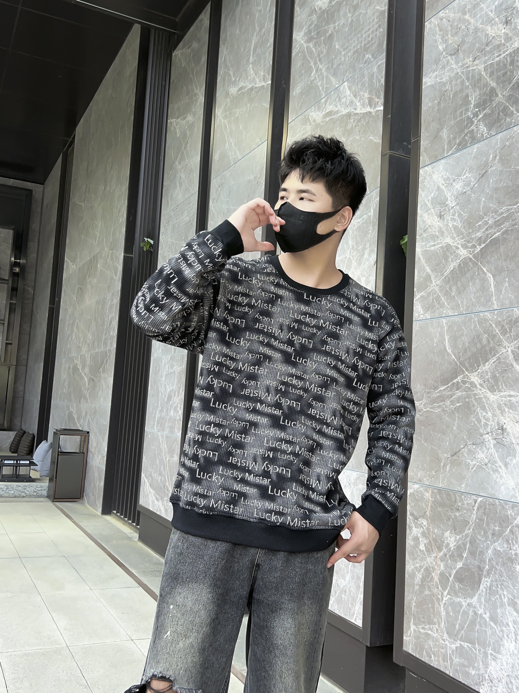 大码男装加绒仿毛衣纹卫衣宽松满印字母时尚百搭潮流长袖打底衫