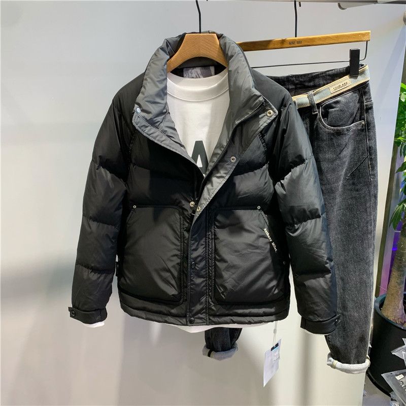 波司澄冬季男士羽绒服2023新款潮男加厚工装立领短款白鸭绒羽绒衣