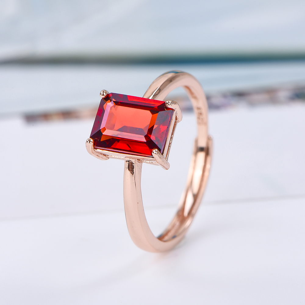 宇彩925银镶嵌天然鸽血红色石榴石戒指时尚复古简单方形可调节