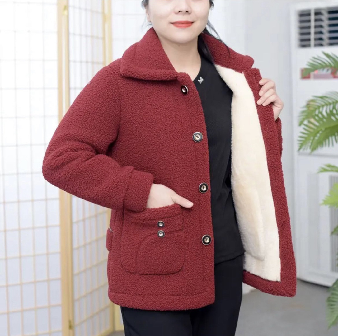 2024新款双扣款加绒加厚保暖羊羔绒外套中老年妈妈装